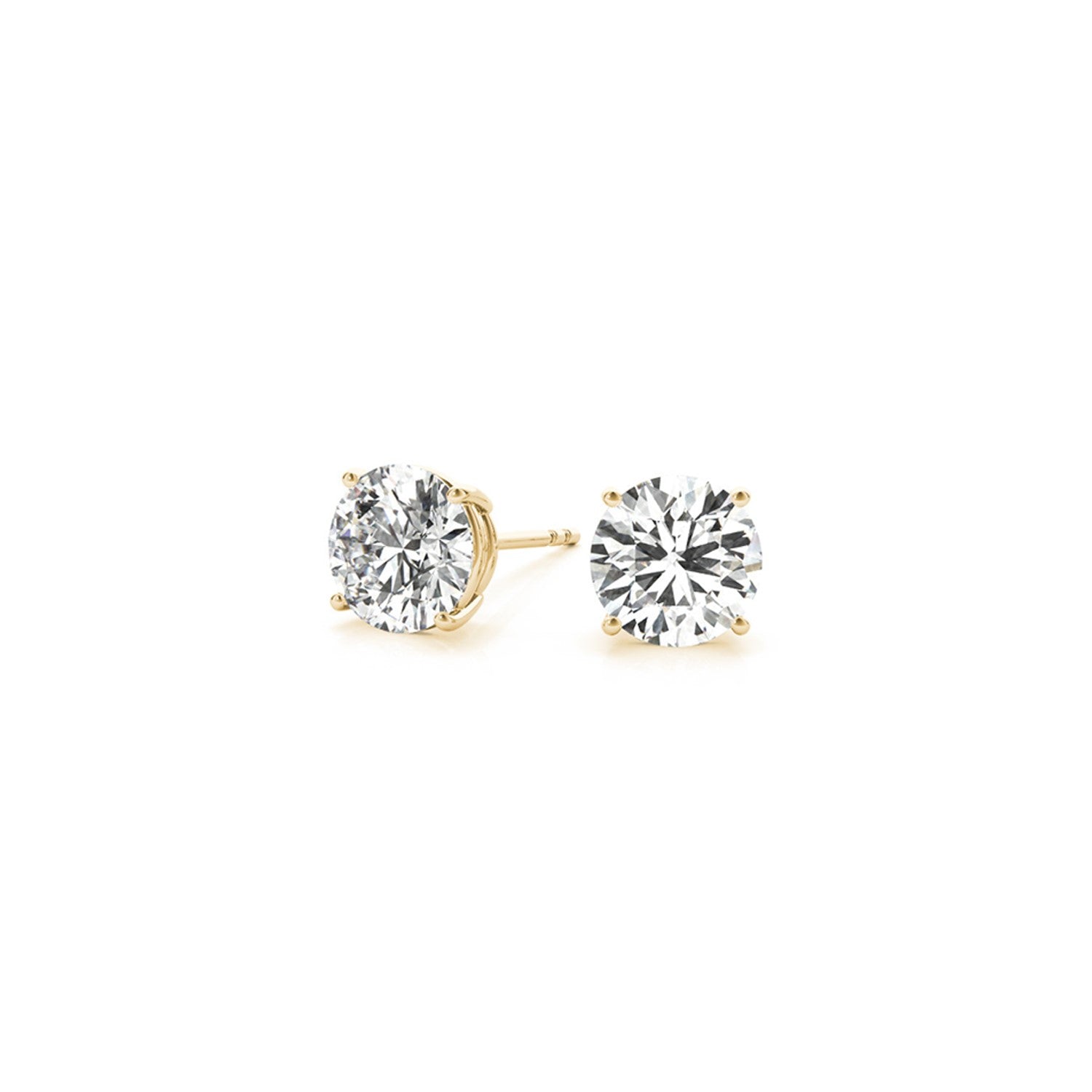 Two round brilliant lab-grown diamond stud earrings in four-prong yellow gold settings.