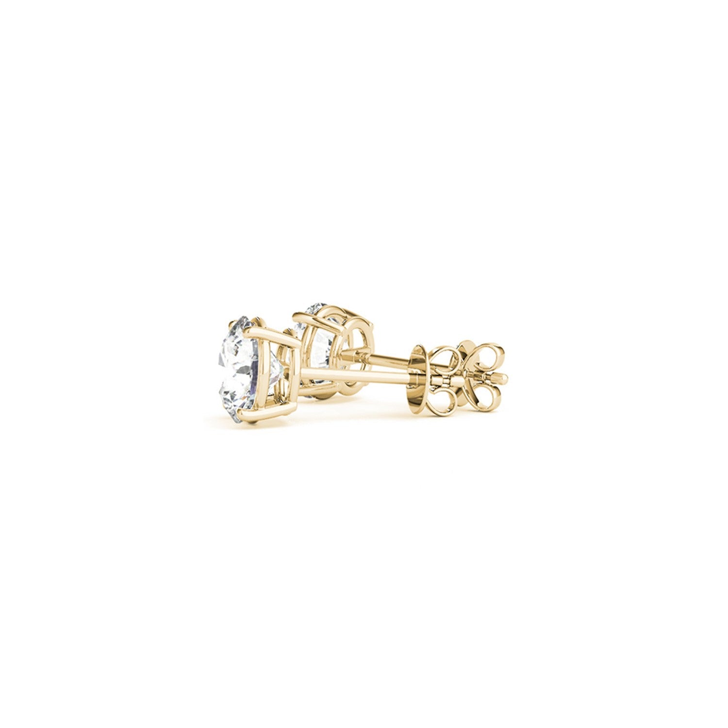 Two round lab-grown diamond stud earrings in 14k yellow gold with push backs.