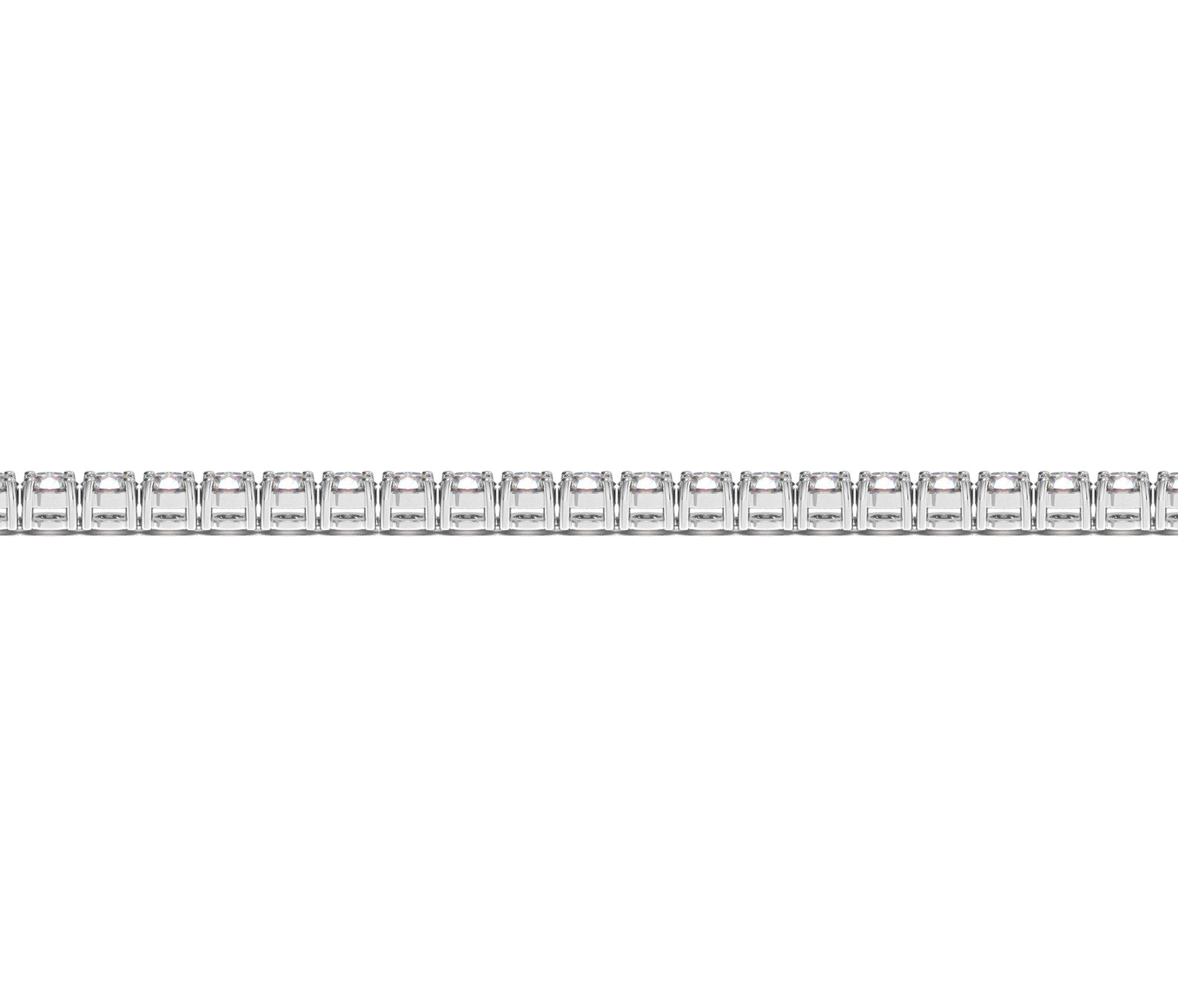 A close-up of a lab-grown round diamond tennis bracelet in 14k white gold.