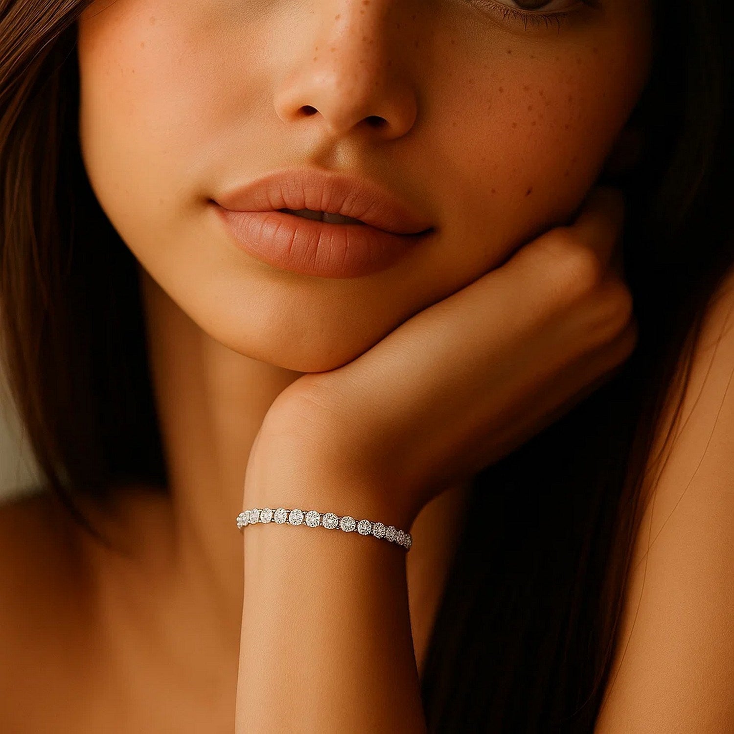 A woman wears a lab grown round diamond tennis bracelet in 14k white gold.