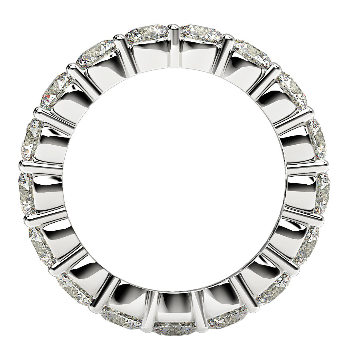 Round cut lab grown diamond eternity ring in 14k white gold.