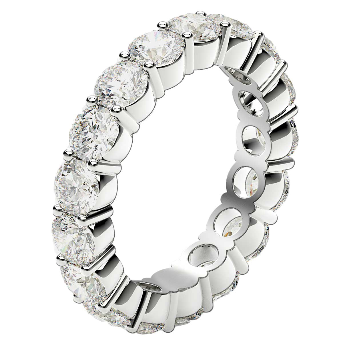 Round cut lab grown diamond eternity ring in 14k white gold.
