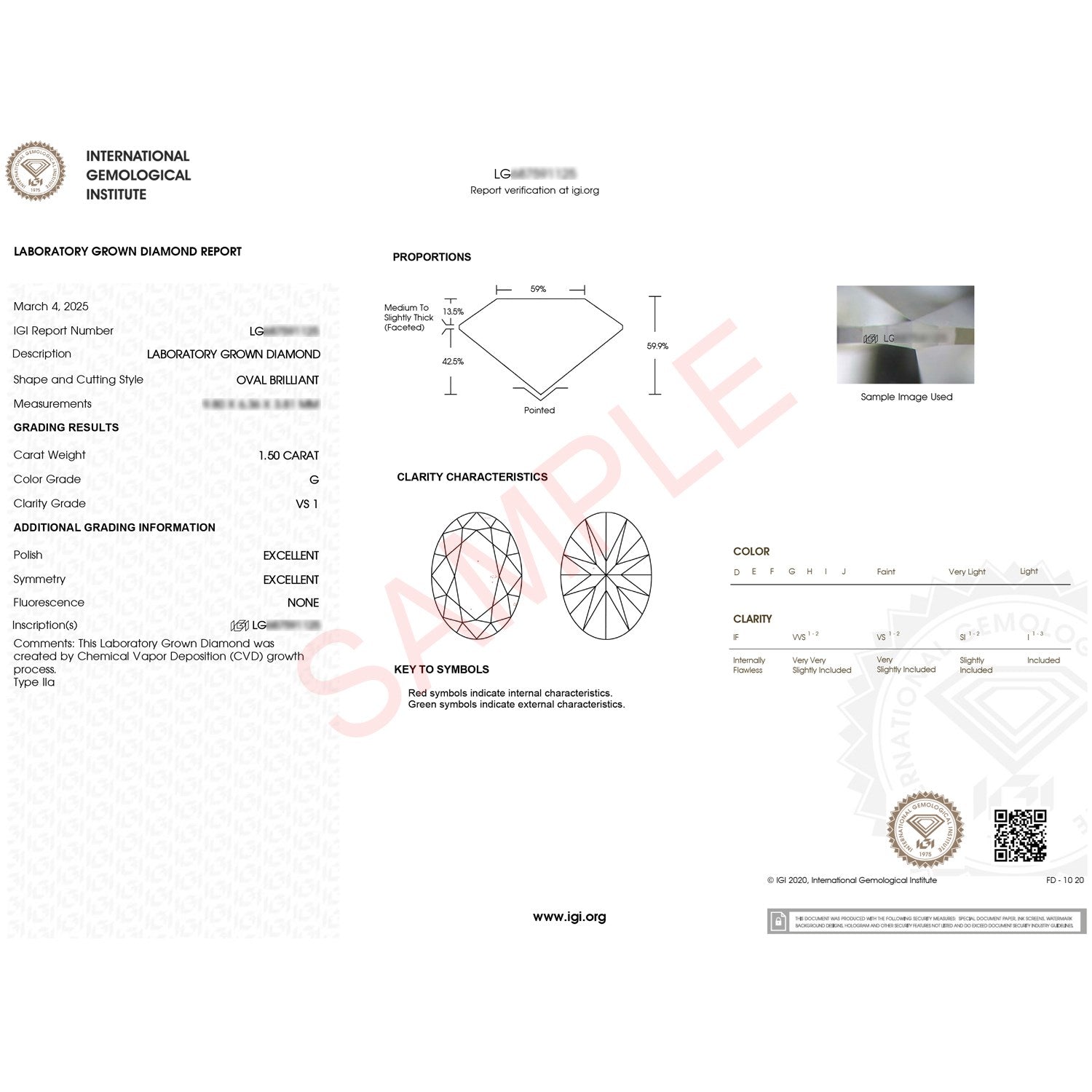 IGI laboratory grown diamond report for a 1.50 carat oval brilliant diamond.
