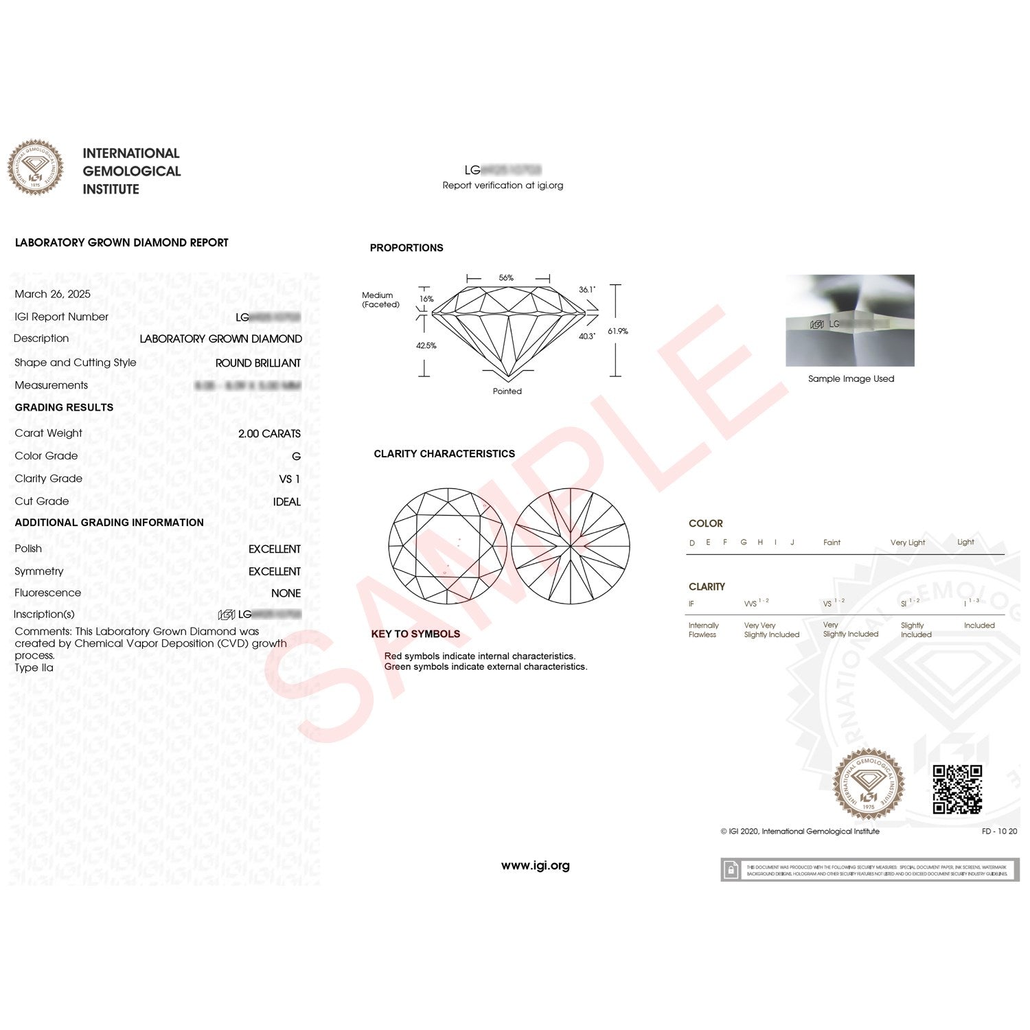 An IGI laboratory grown diamond report for a 2 carat round brilliant G/VS1 diamond.