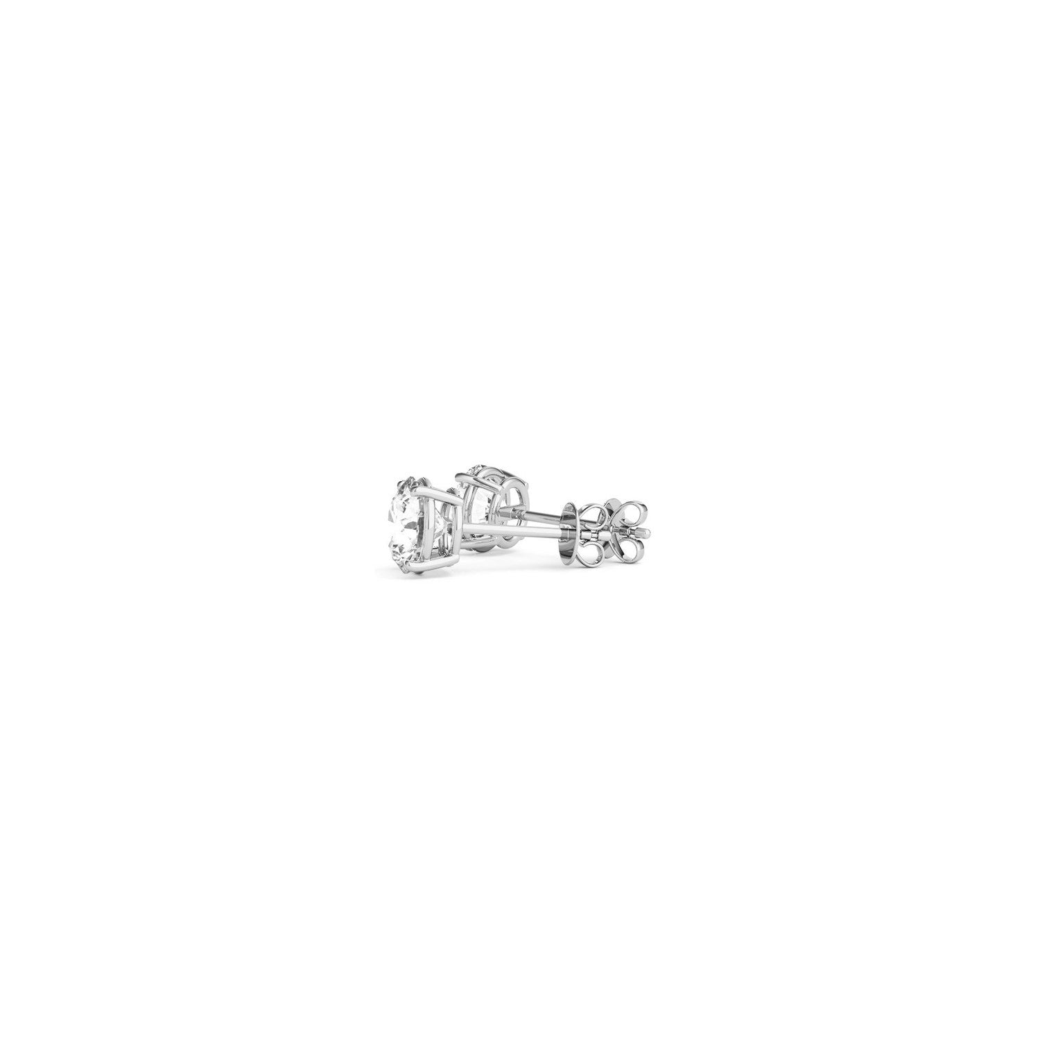 Two 14k white gold round lab-grown diamond stud earrings with push backs.