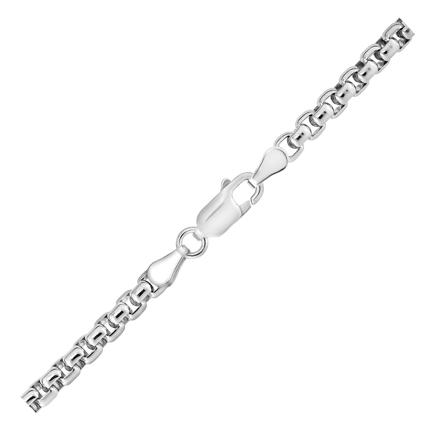 Sterling silver rhodium-plated round box chain with a lobster clasp.