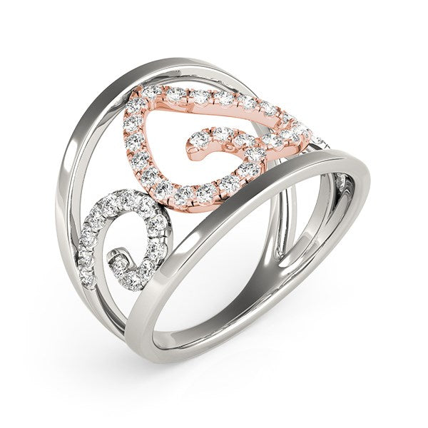 A two-tone gold ring with a rose gold heart and white gold swirl, both encrusted with diamonds.