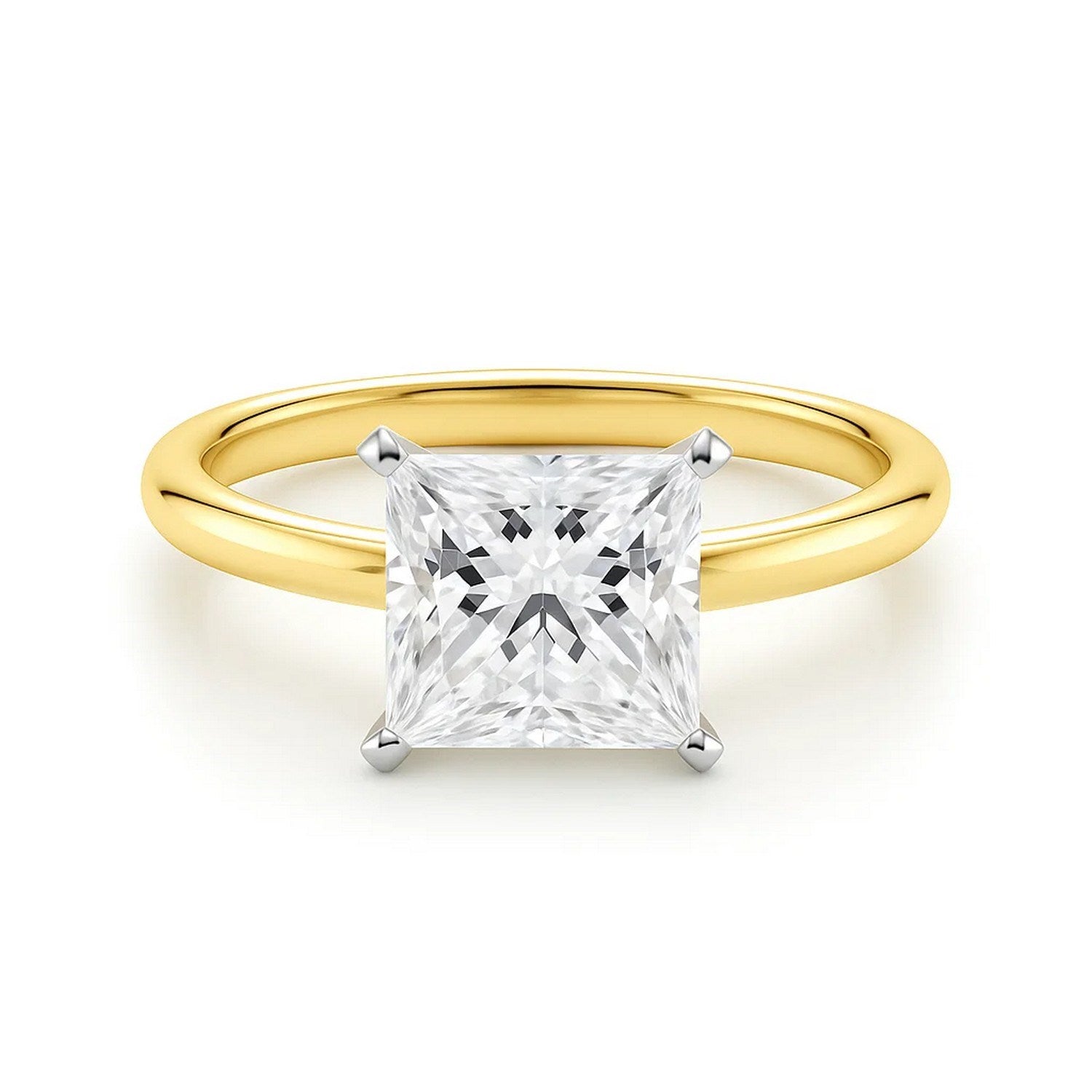 A princess-cut lab-grown diamond solitaire ring in 10K yellow gold with white gold prongs.