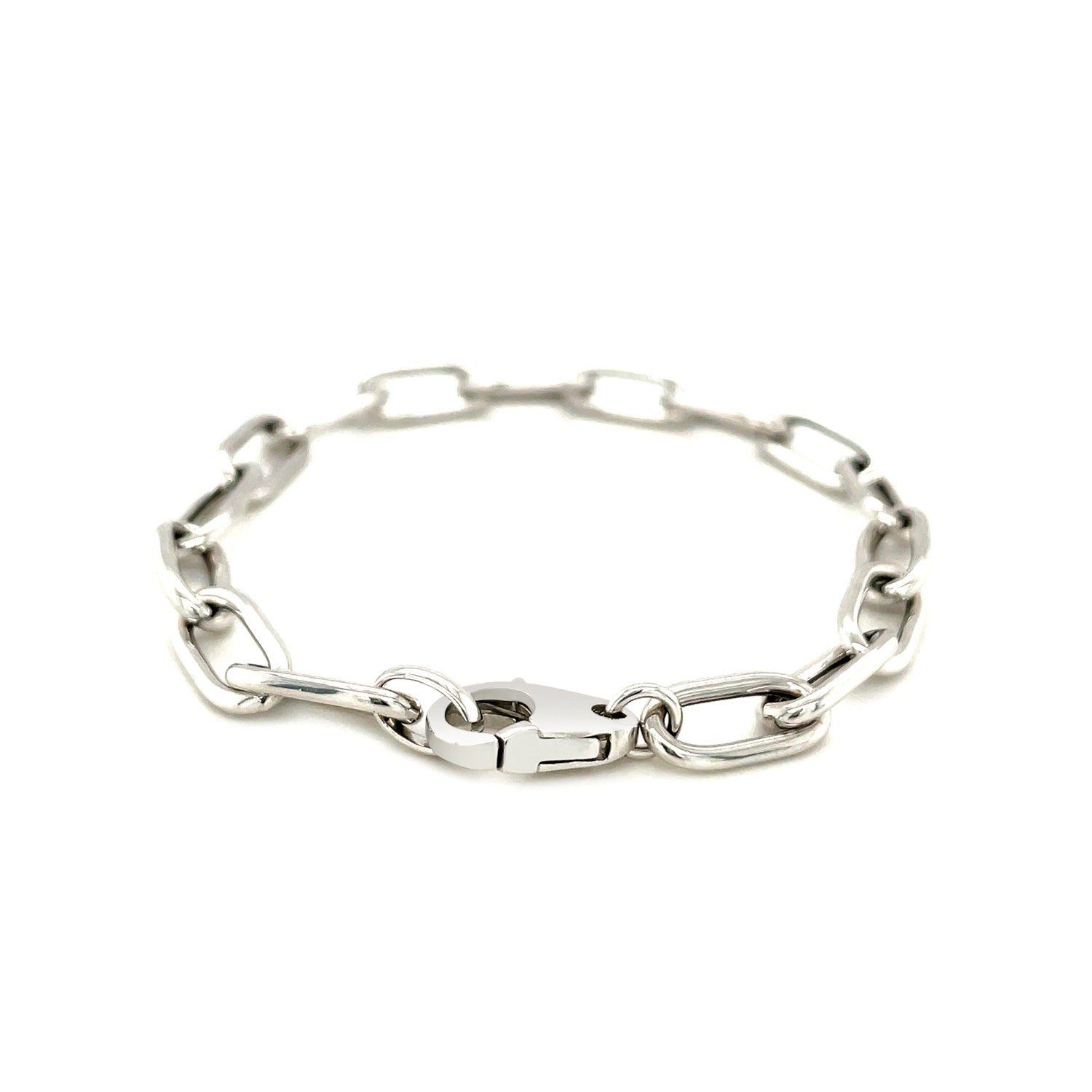 Sterling silver wide paperclip chain bracelet with a lobster clasp.