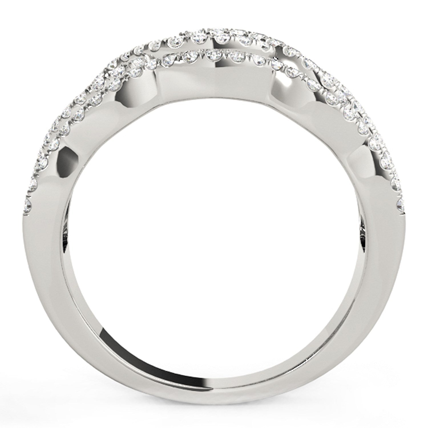 Diamond studded ring with four curves in 14k white gold.