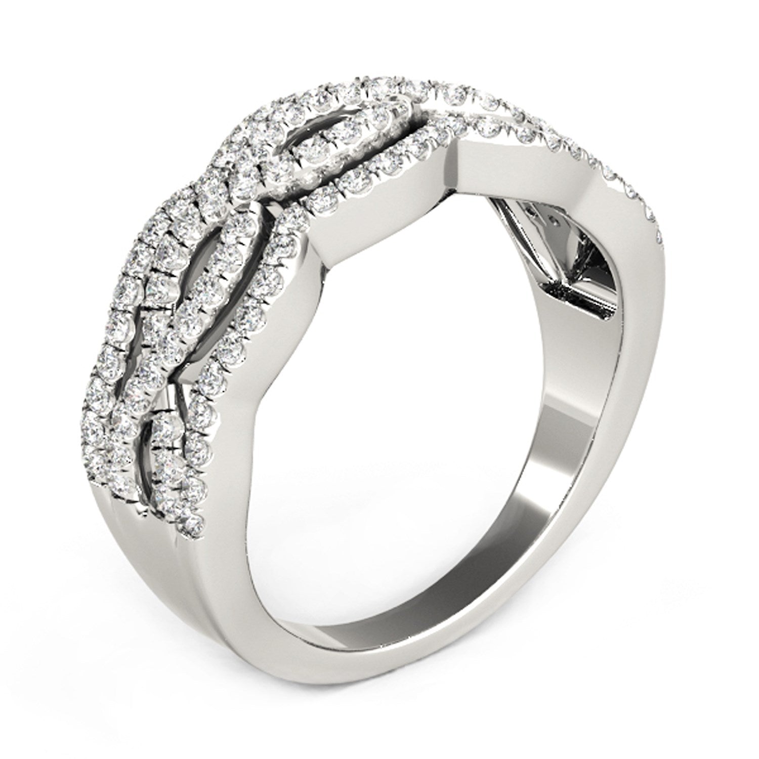Diamond studded ring with four curved rows in 14k white gold.