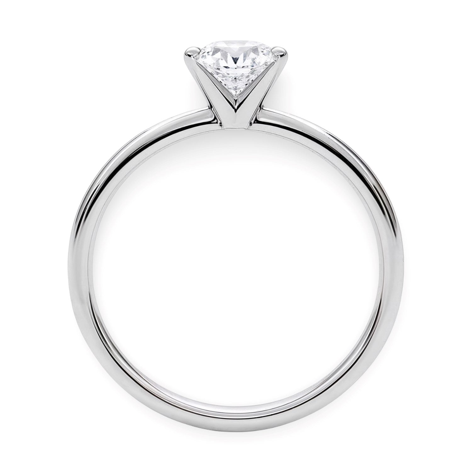 A 1 carat round lab grown diamond solitaire ring in 10K white gold.