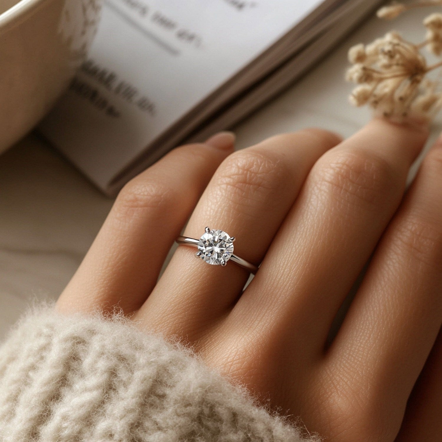 A hand wearing a 1 carat round lab grown diamond solitaire ring in 10K white gold.