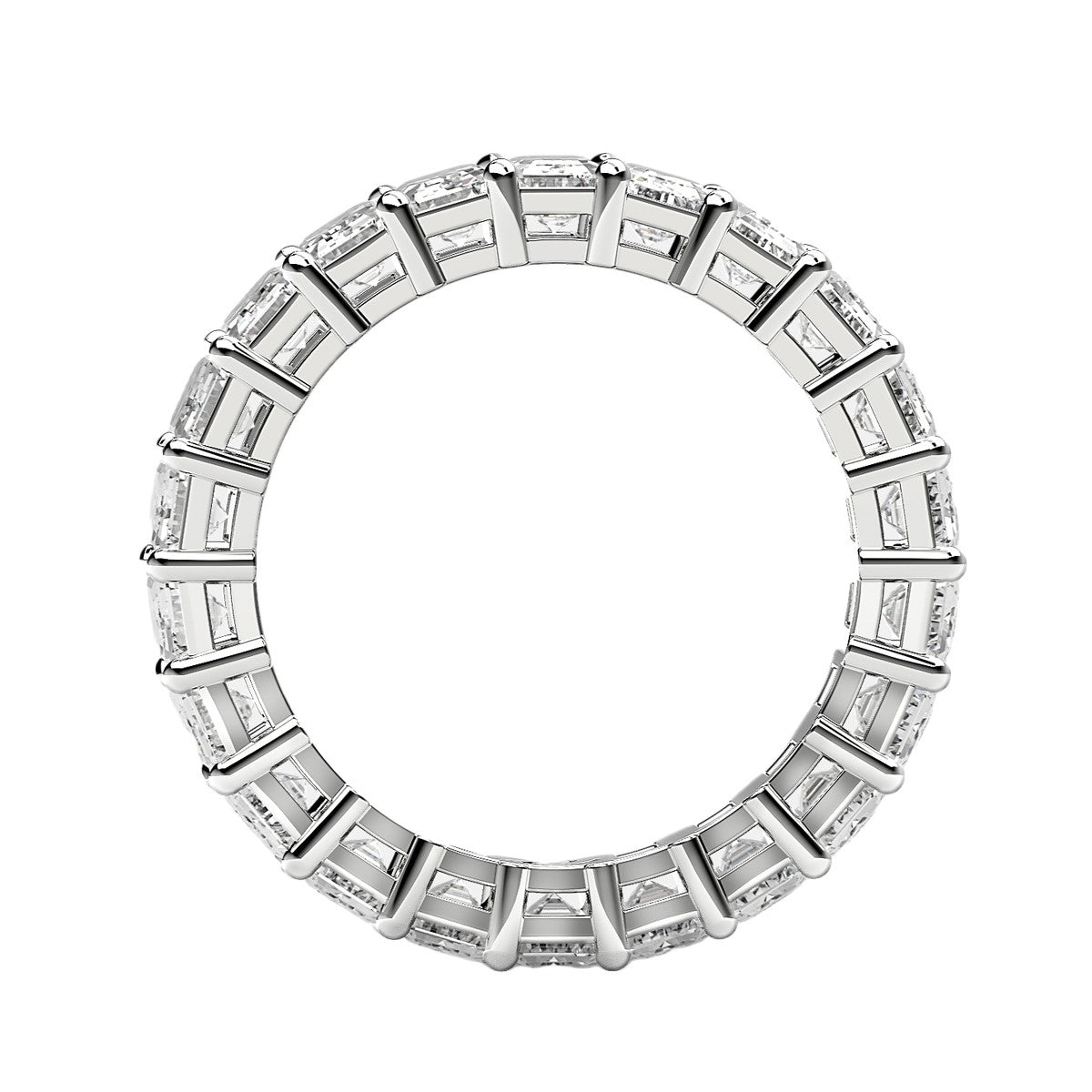 Emerald cut lab grown diamond eternity ring in 14k white gold.
