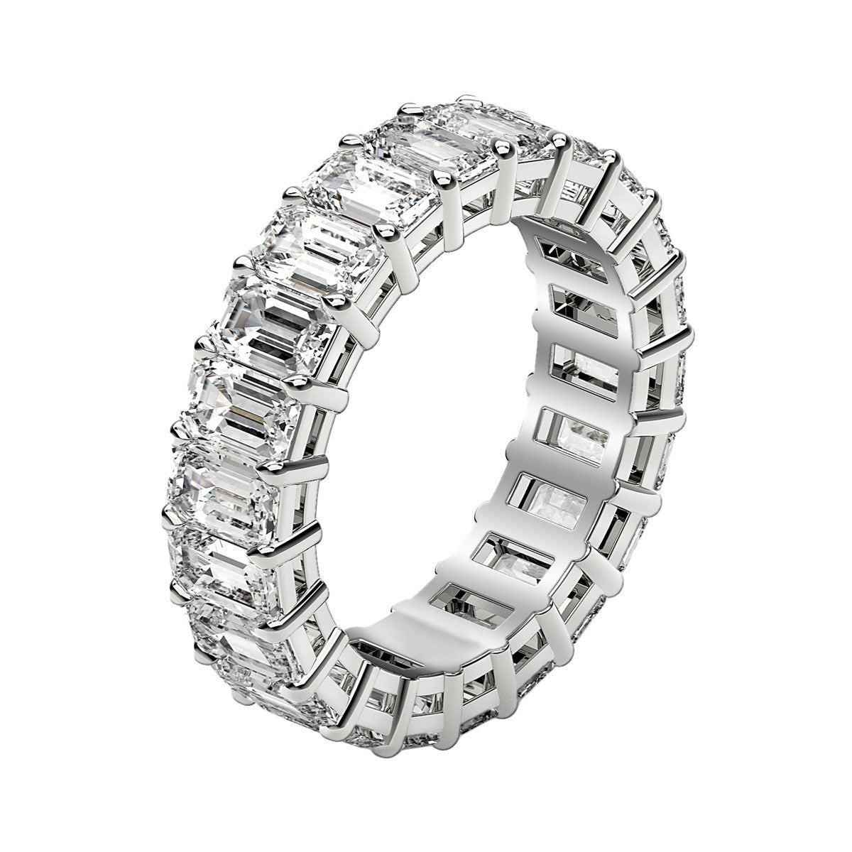 Emerald cut lab grown diamond eternity ring in 14k white gold.