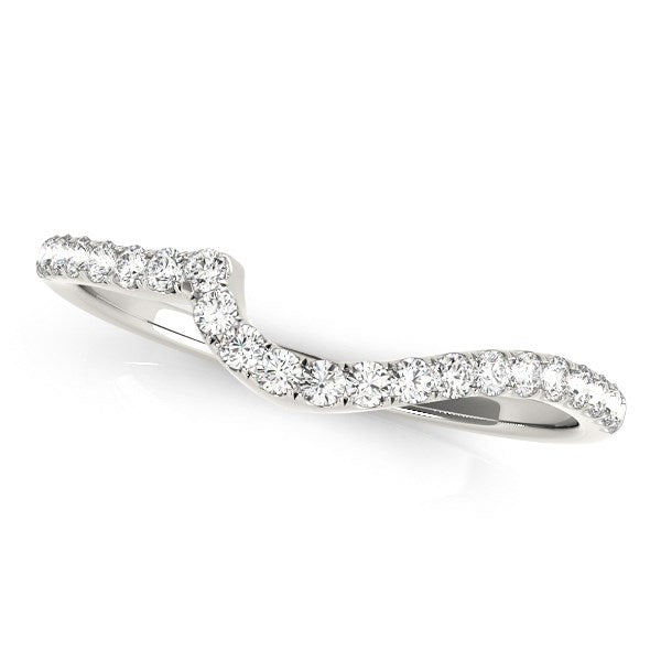 14k white gold curved diamond wedding ring with pave setting.