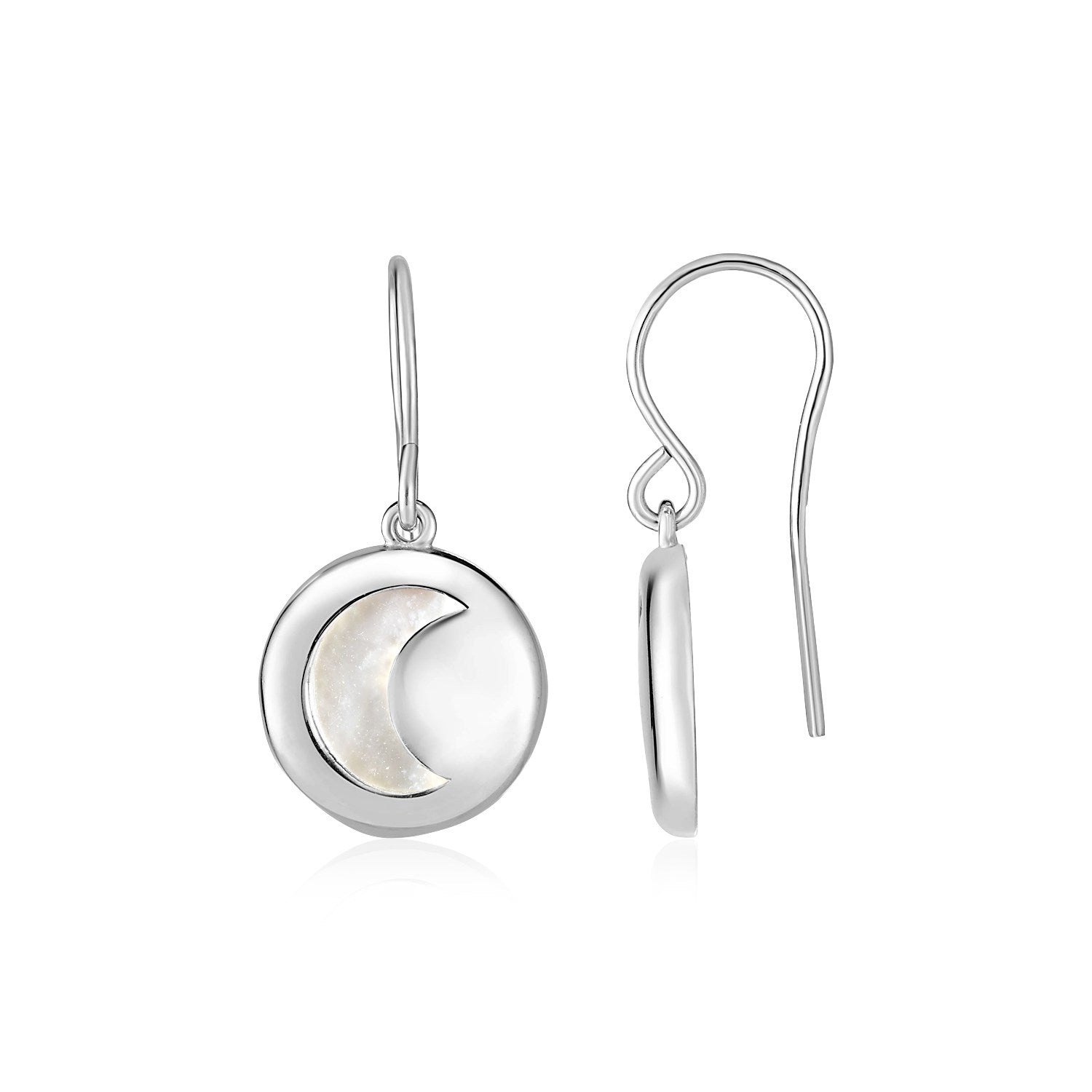Sterling silver crescent moon cutout earrings with mother of pearl.