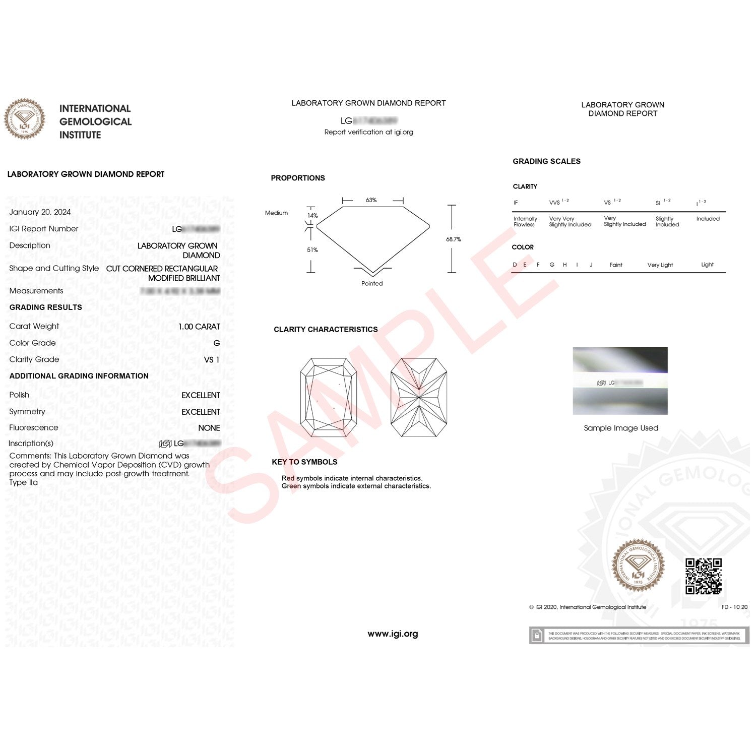 An IGI laboratory grown diamond report for a 1.00 carat, G color, VS1 clarity diamond.