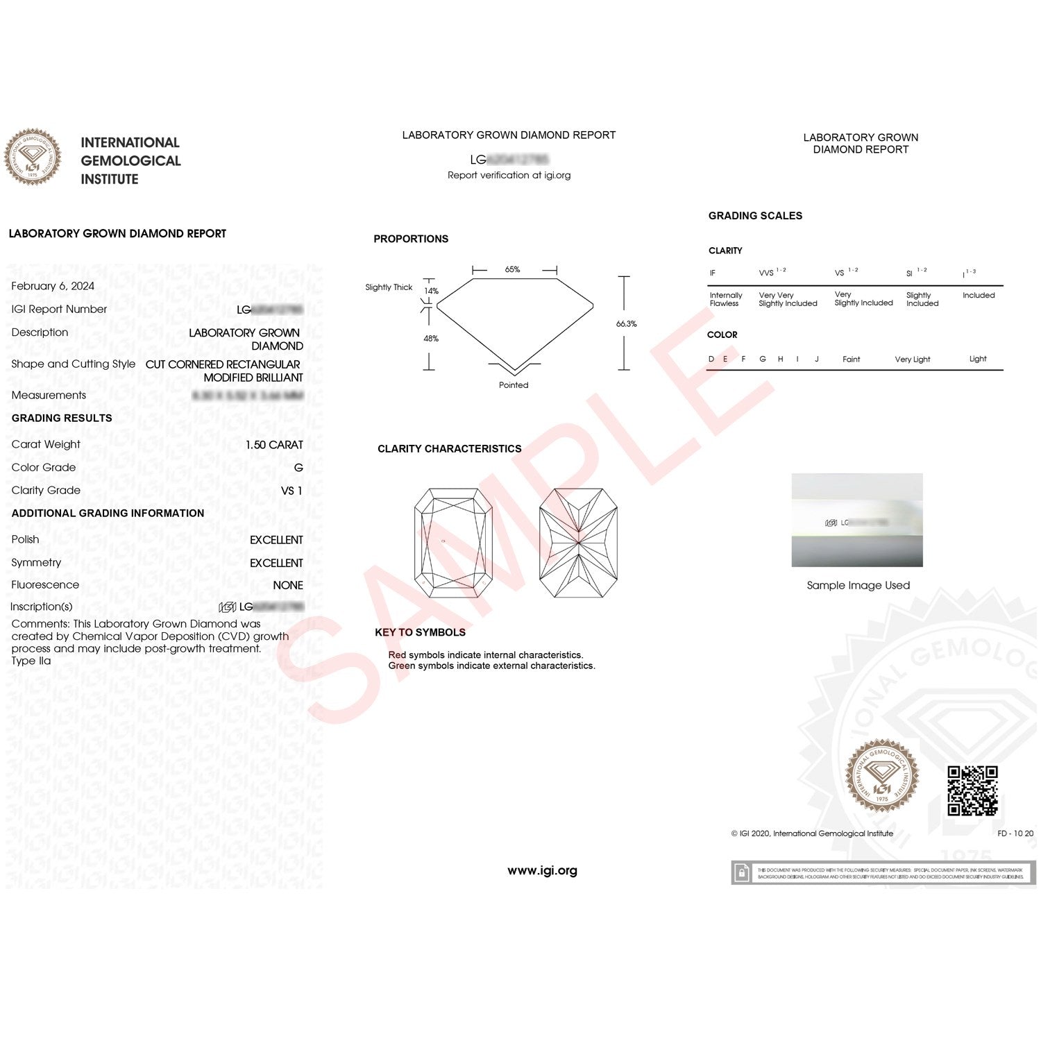 IGI Laboratory Grown Diamond Report for a 1.50 carat, G color, VS1 clarity diamond.