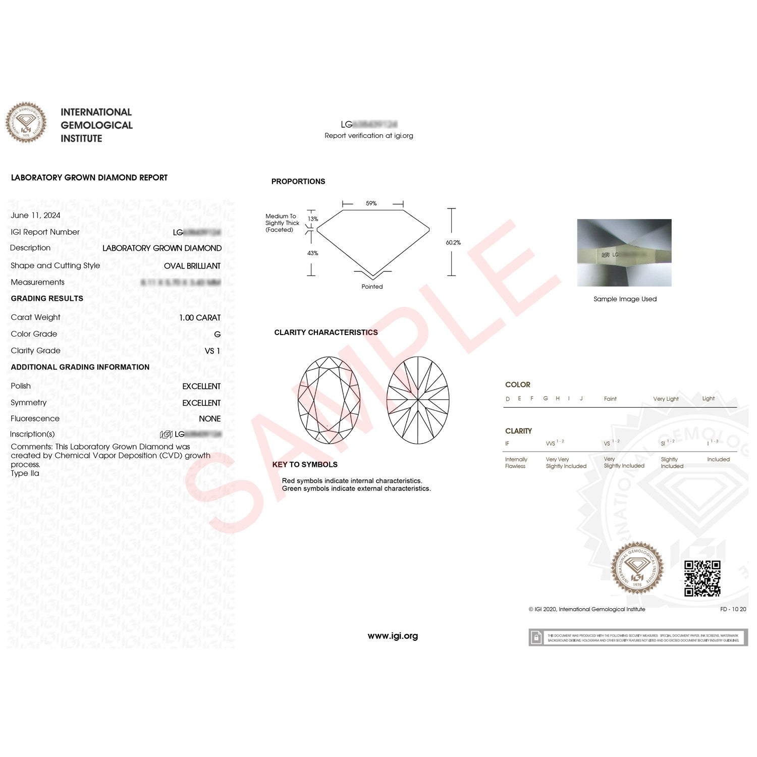 IGI certified 1 carat oval lab grown diamond report with G color and VS1 clarity.
