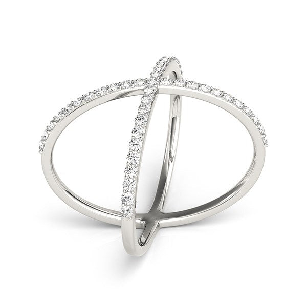 14k white gold X-style thin ring with prong-set round diamonds.