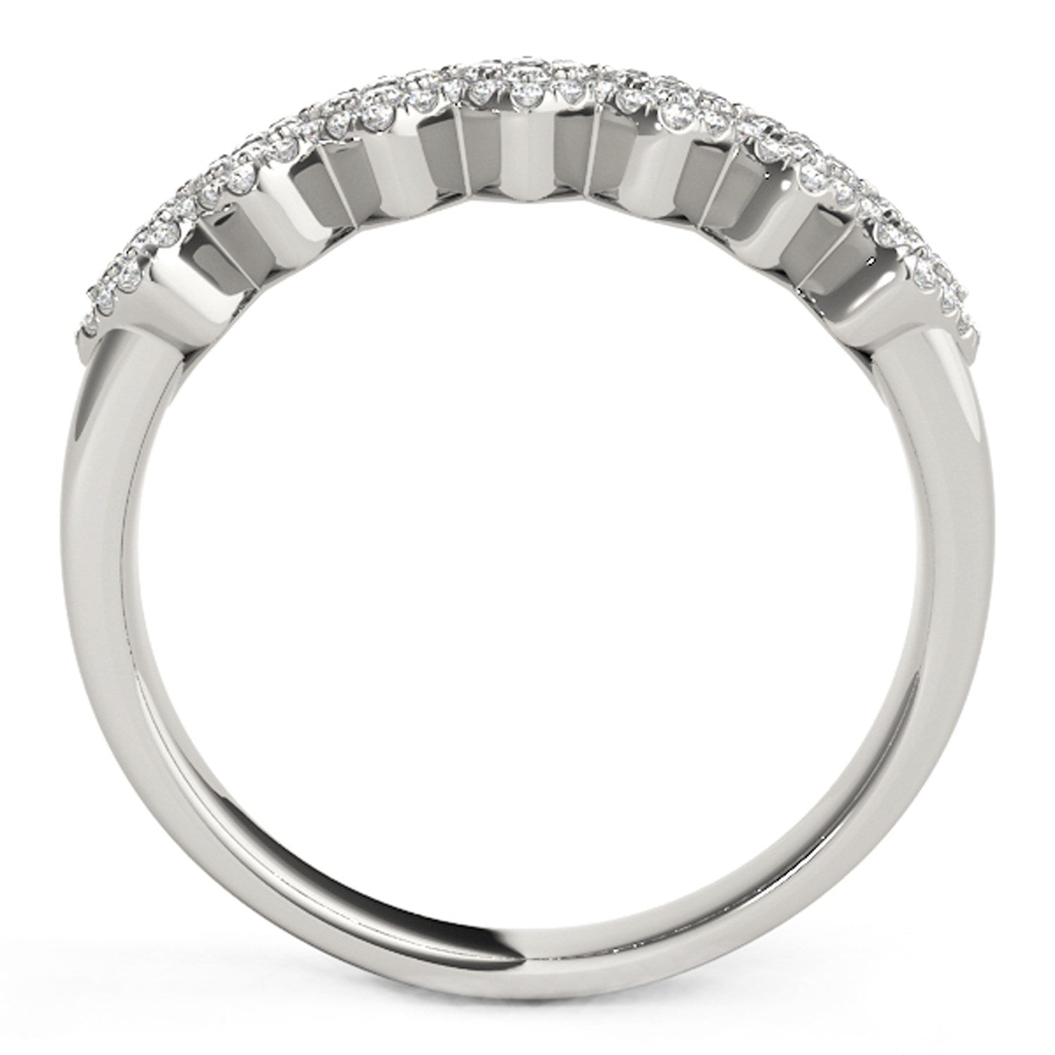Diamond studded wide multi-diagonal pattern ring in 14k white gold.