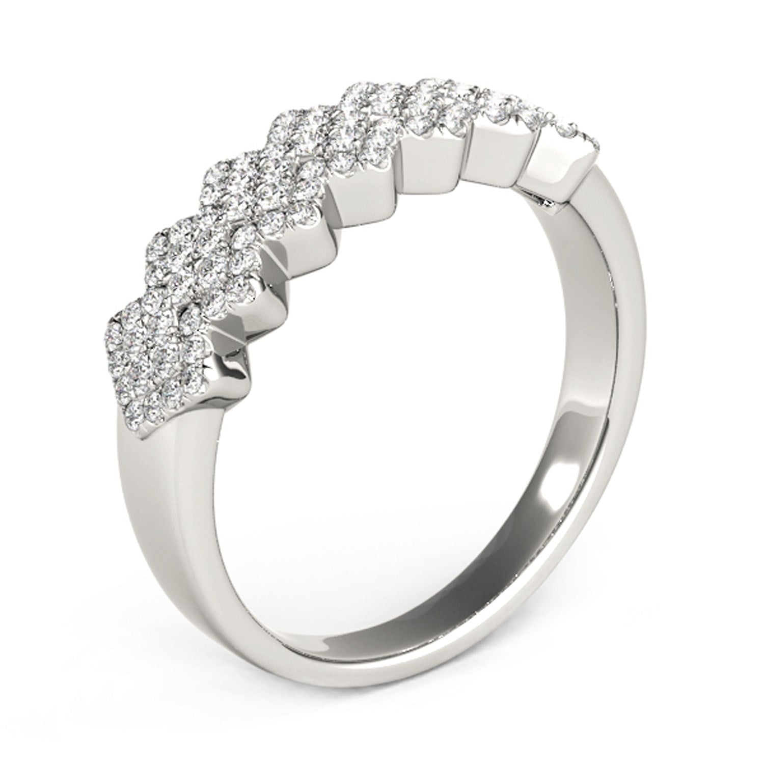Diamond studded wide multi-diagonal pattern ring in 14k white gold.