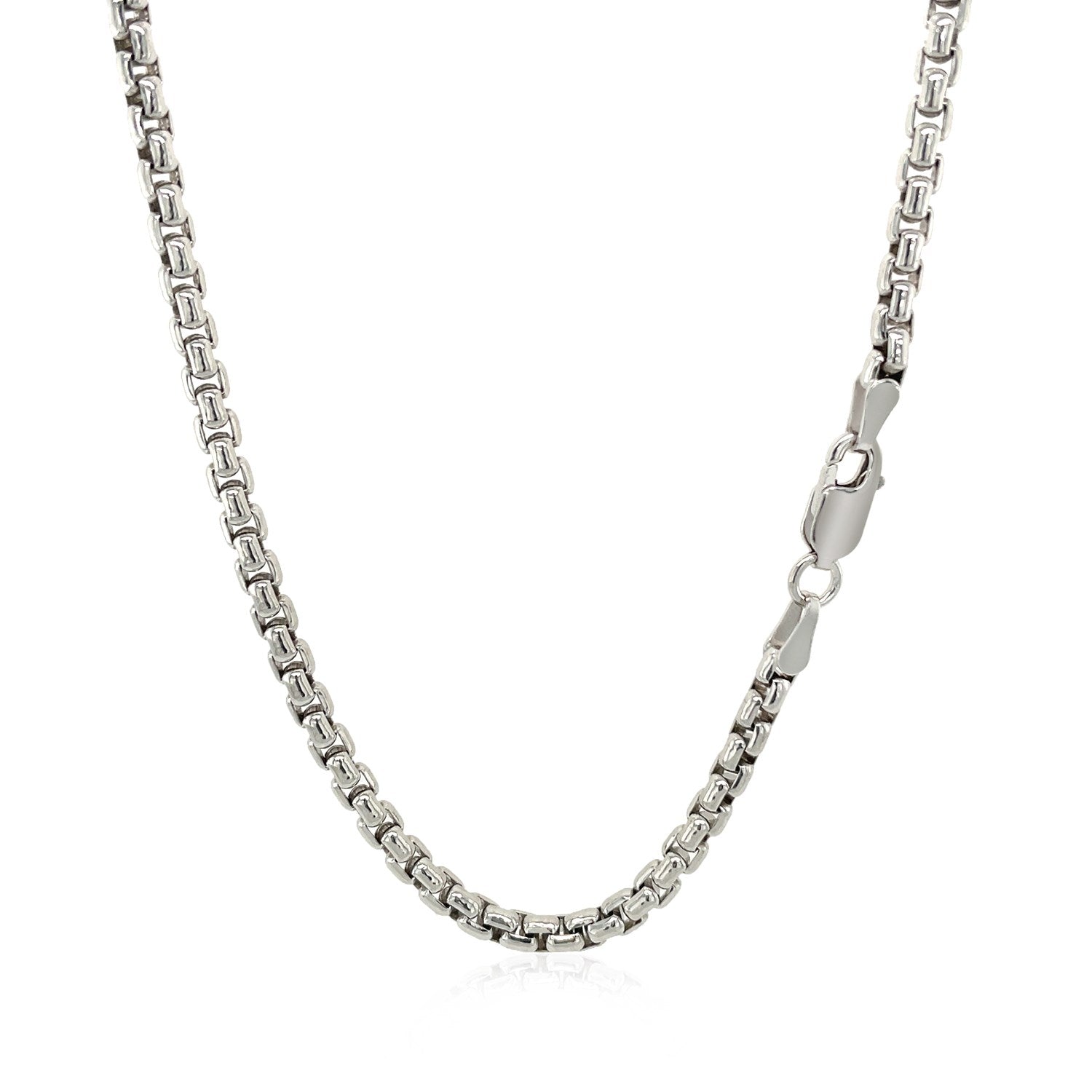 Sterling silver rhodium-plated round box chain with a lobster clasp.