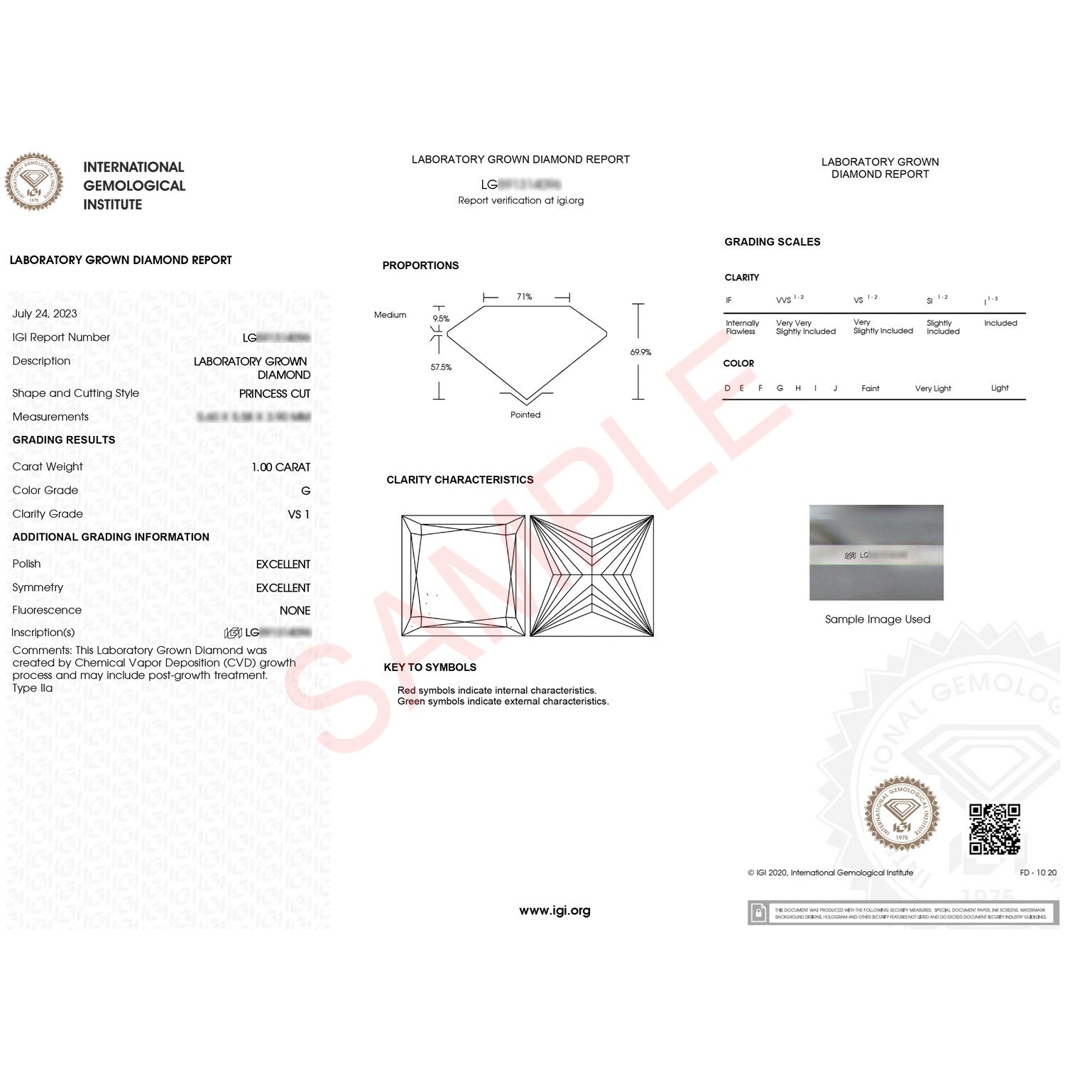 IGI Laboratory Grown Diamond Report for a 1.00 carat, G color, VS1 clarity, princess cut diamond.