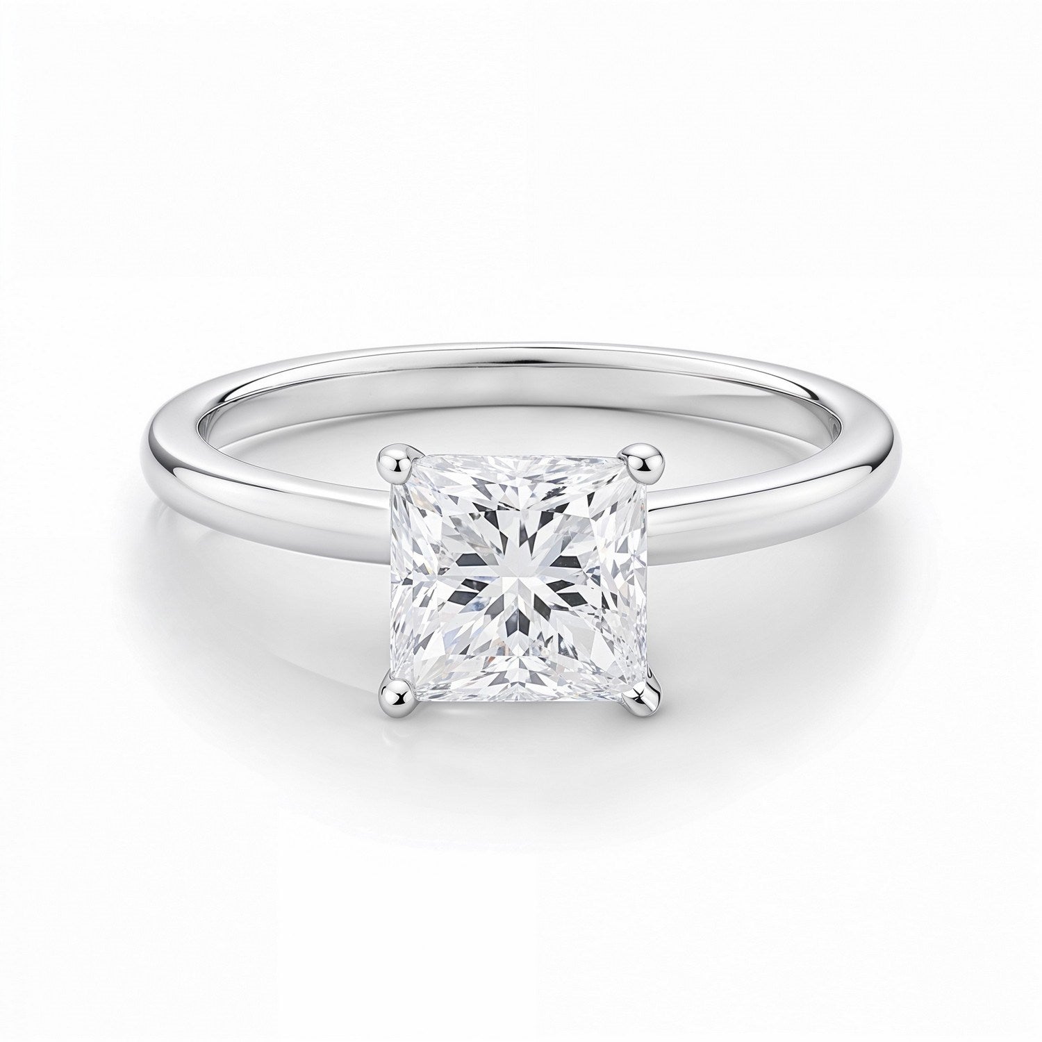1 carat princess lab grown diamond solitaire ring in 10K white gold.