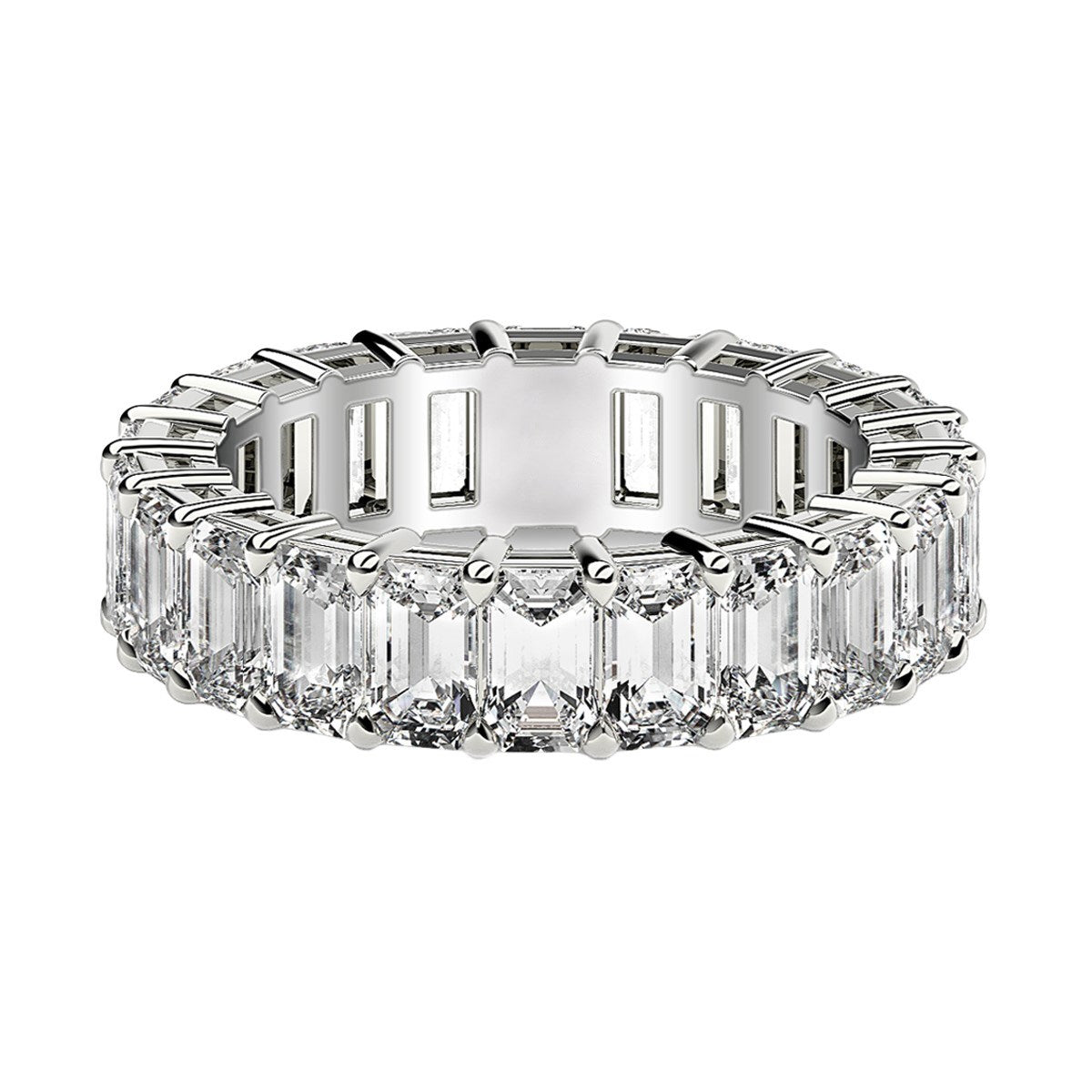 Emerald cut lab grown diamond eternity ring in 14k white gold.