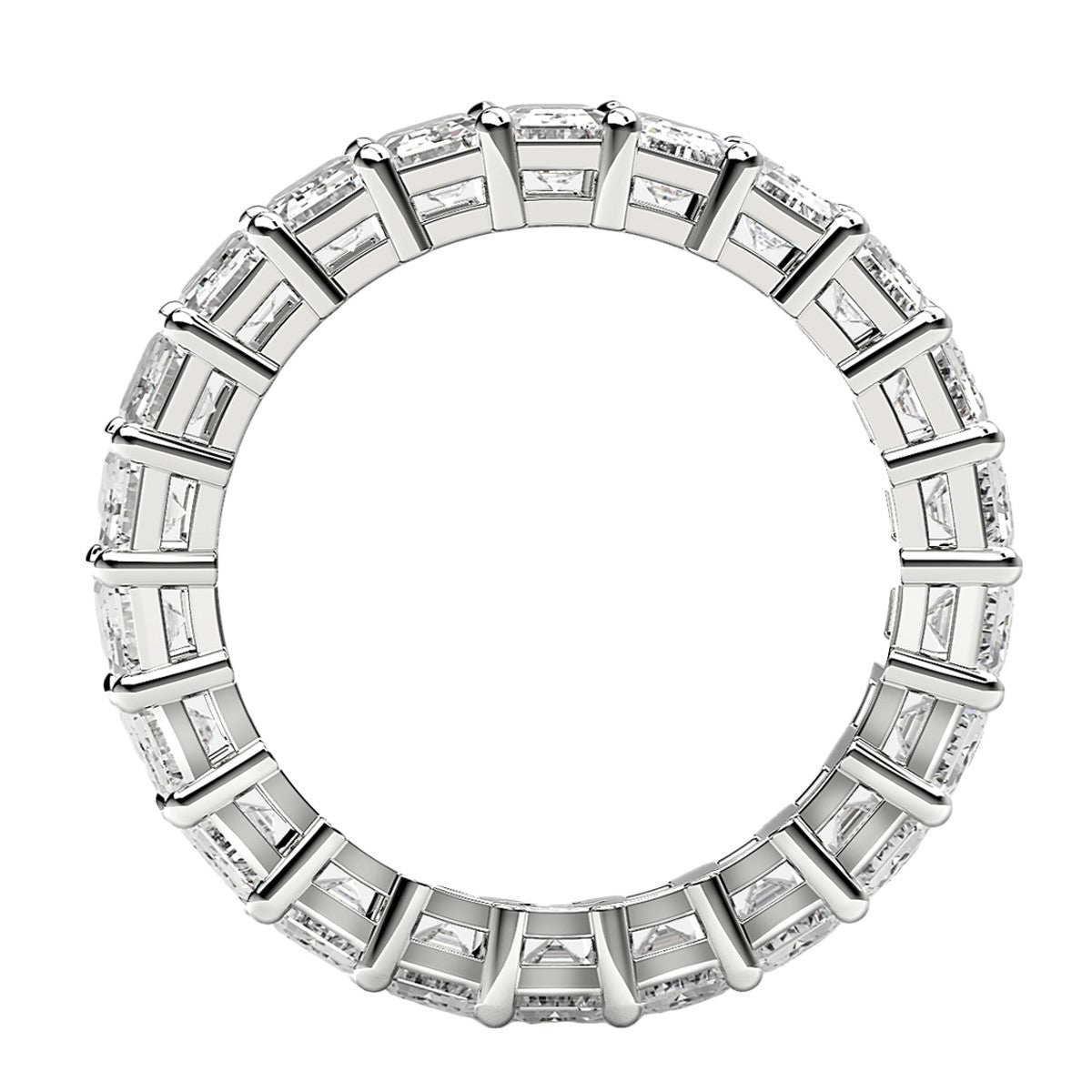 Emerald cut lab grown diamond eternity ring in 14k white gold.