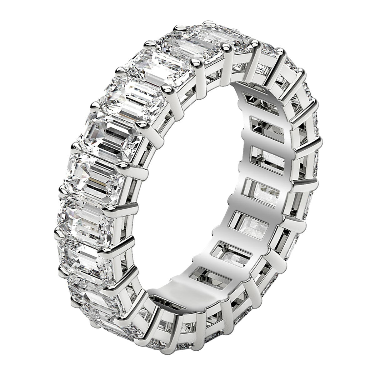 Emerald cut lab grown diamond eternity ring in 14k white gold.