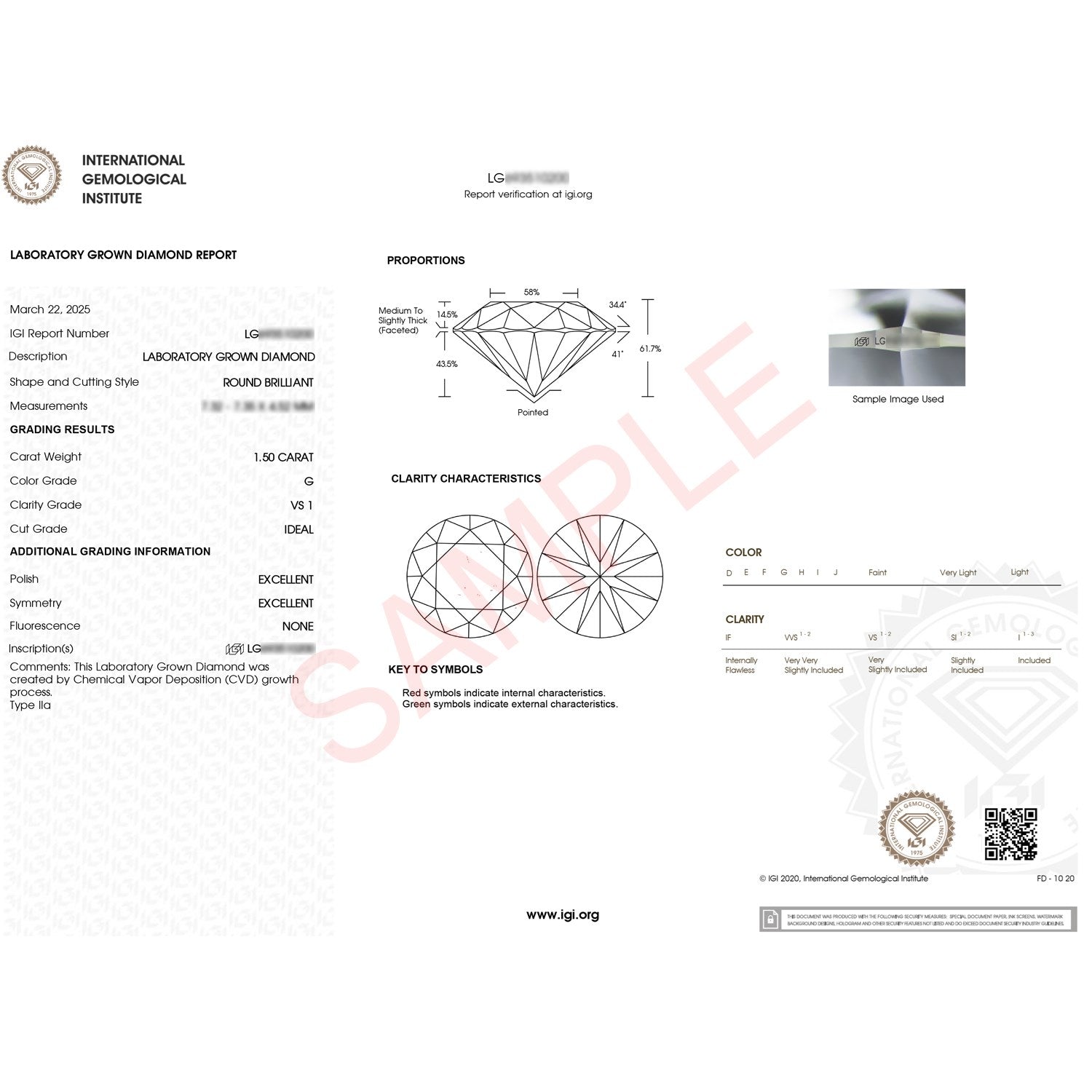 IGI laboratory grown diamond report for a 1.50 carat round brilliant diamond.