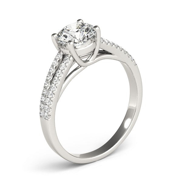 14k white gold split shank engagement ring with a round diamond and pave accents.