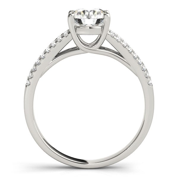 14k white gold split shank engagement ring with a round diamond and pave accents.