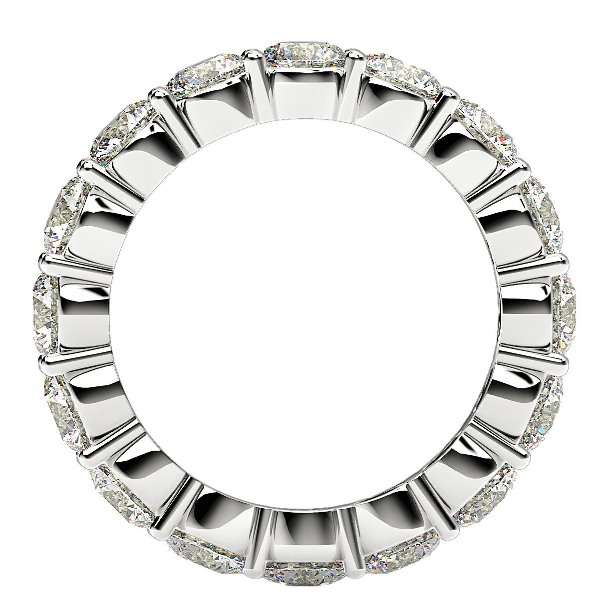 Round cut lab grown diamond eternity ring in 14k white gold, top-down view.