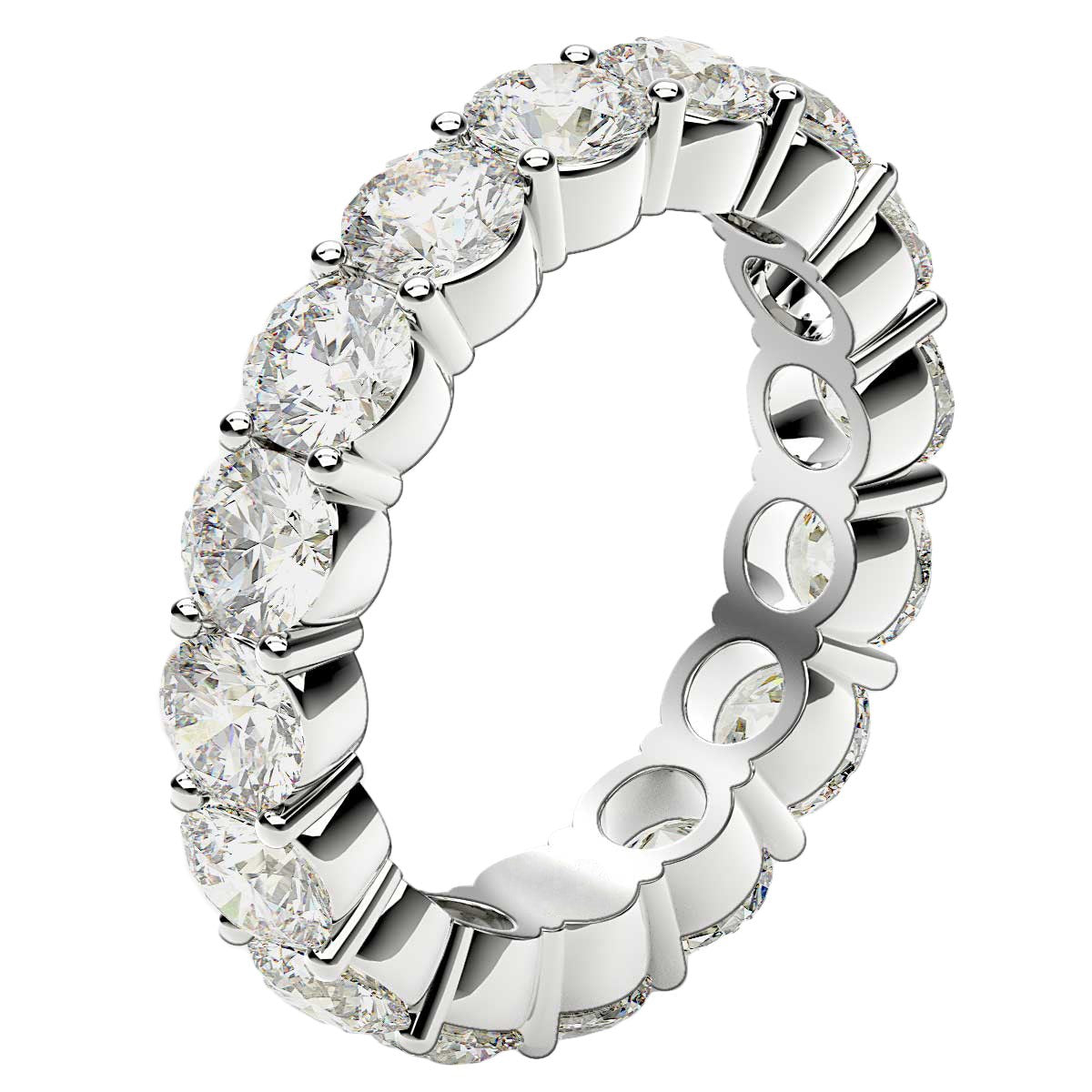 Round cut lab grown diamond eternity ring in 14k white gold with common prong setting.