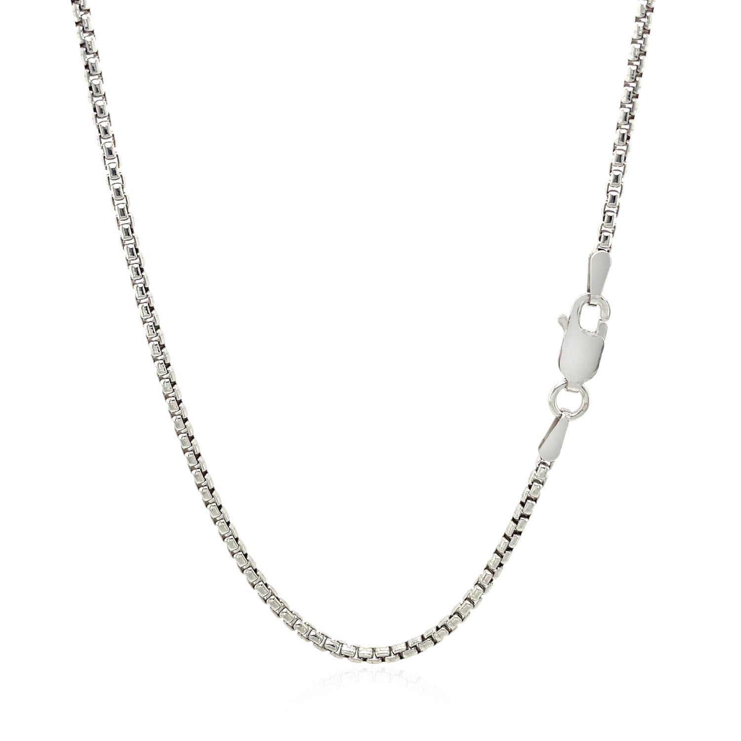 Sterling silver rhodium-plated round box chain with a lobster clasp.