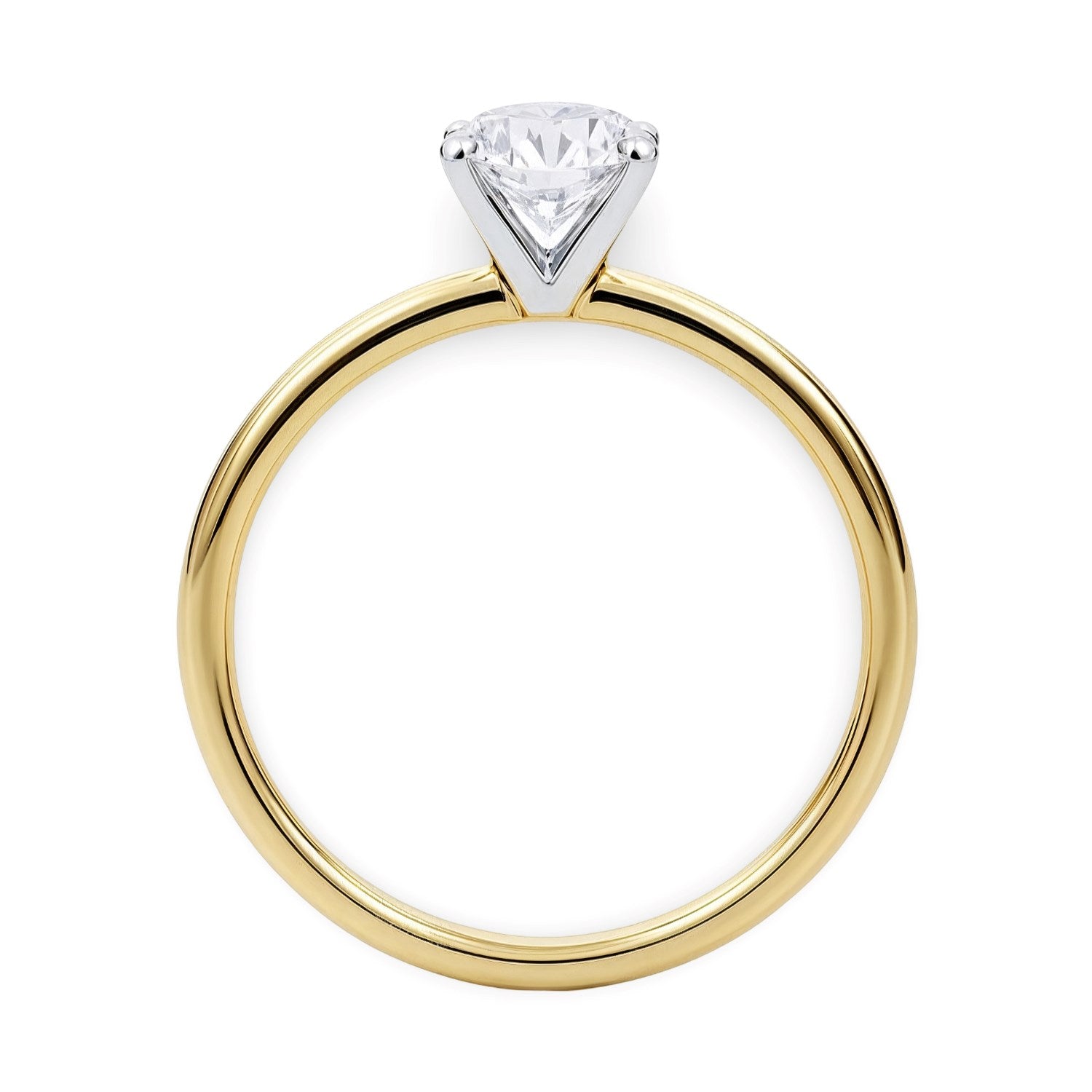 A round lab-grown diamond solitaire ring with a yellow gold band and white gold prongs.
