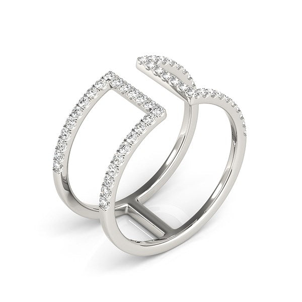 A 14k white gold modern dual band style diamond ring with pave-set round diamonds.