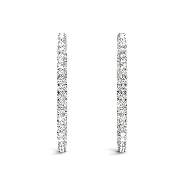14k white gold diamond hoop earrings with shared prong setting.