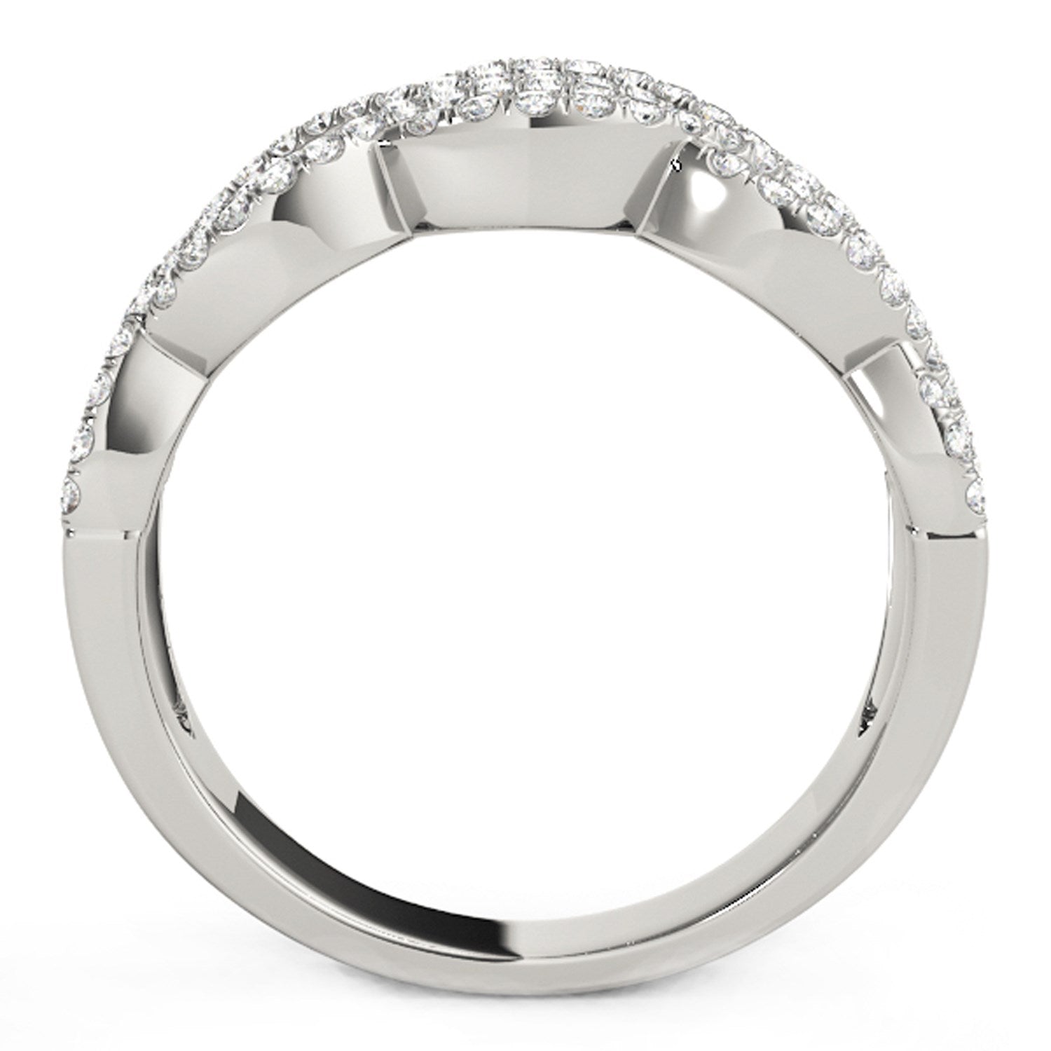 White gold ring with two interlocking waves of prong-set round diamonds.