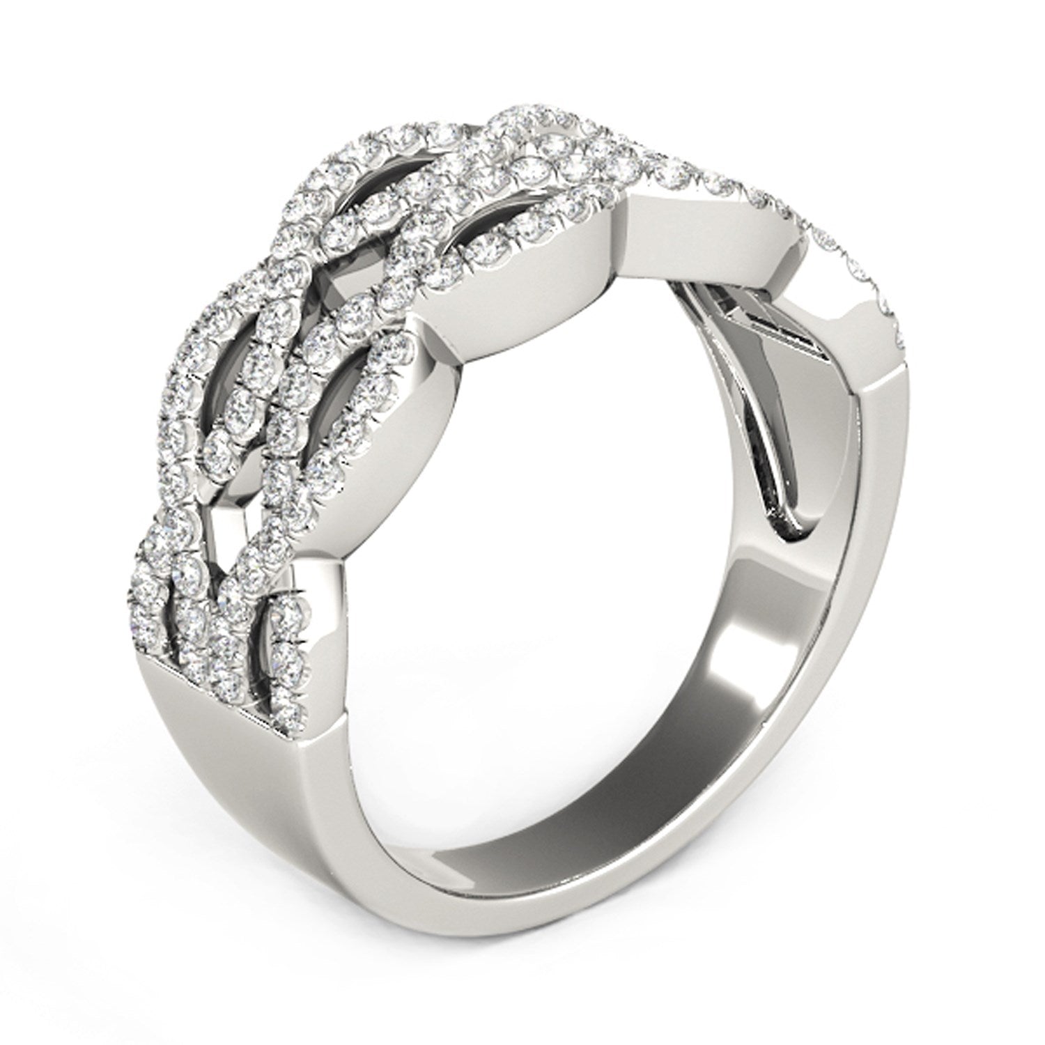 Diamond studded double interlocking waves ring in 14k white gold.