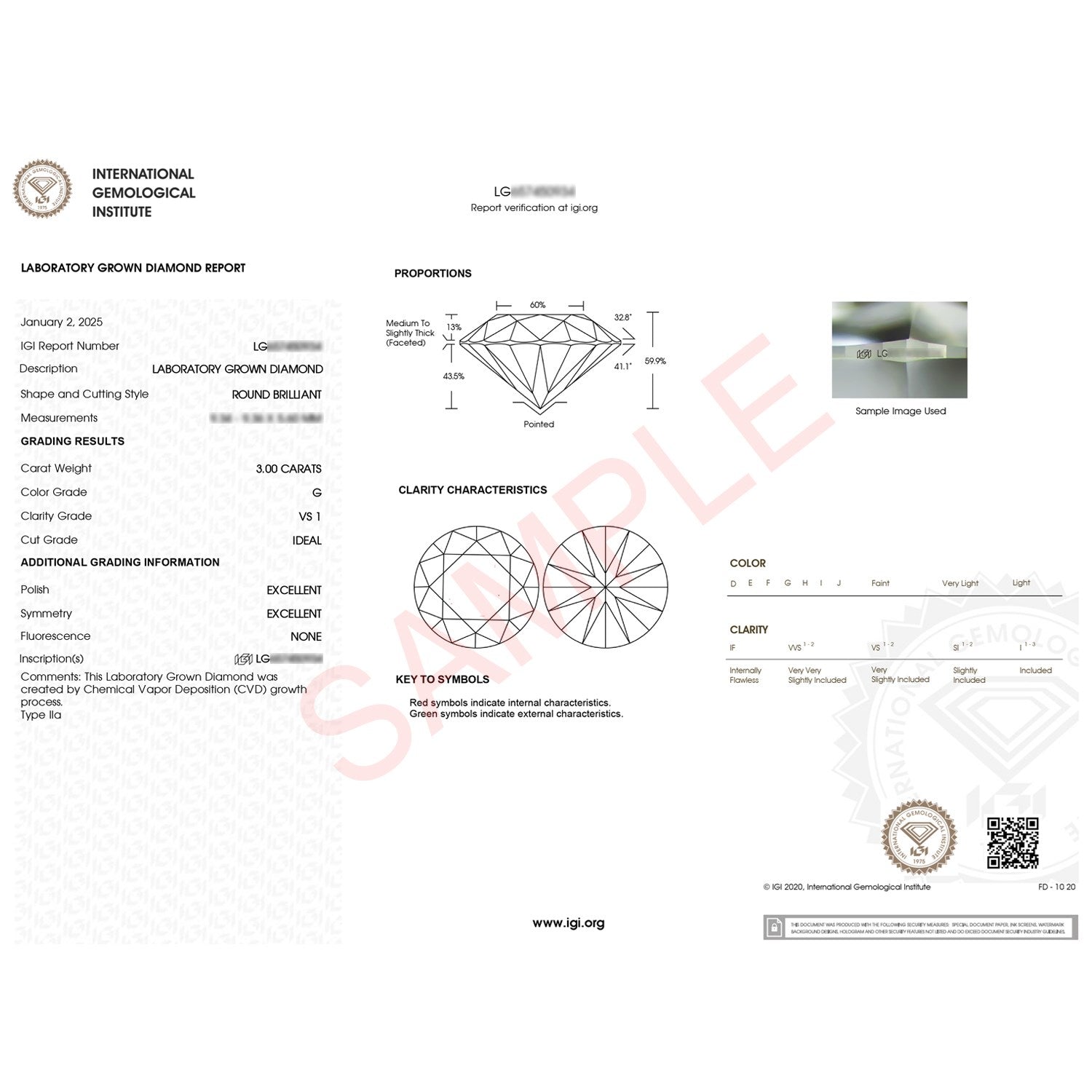 An IGI laboratory grown diamond report for a 3 carat round brilliant diamond.