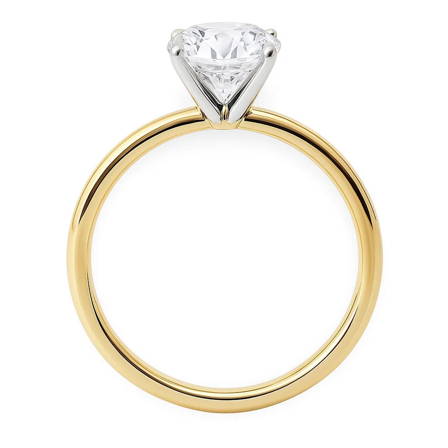 A 3 carat round lab grown diamond solitaire ring in 10K yellow gold.