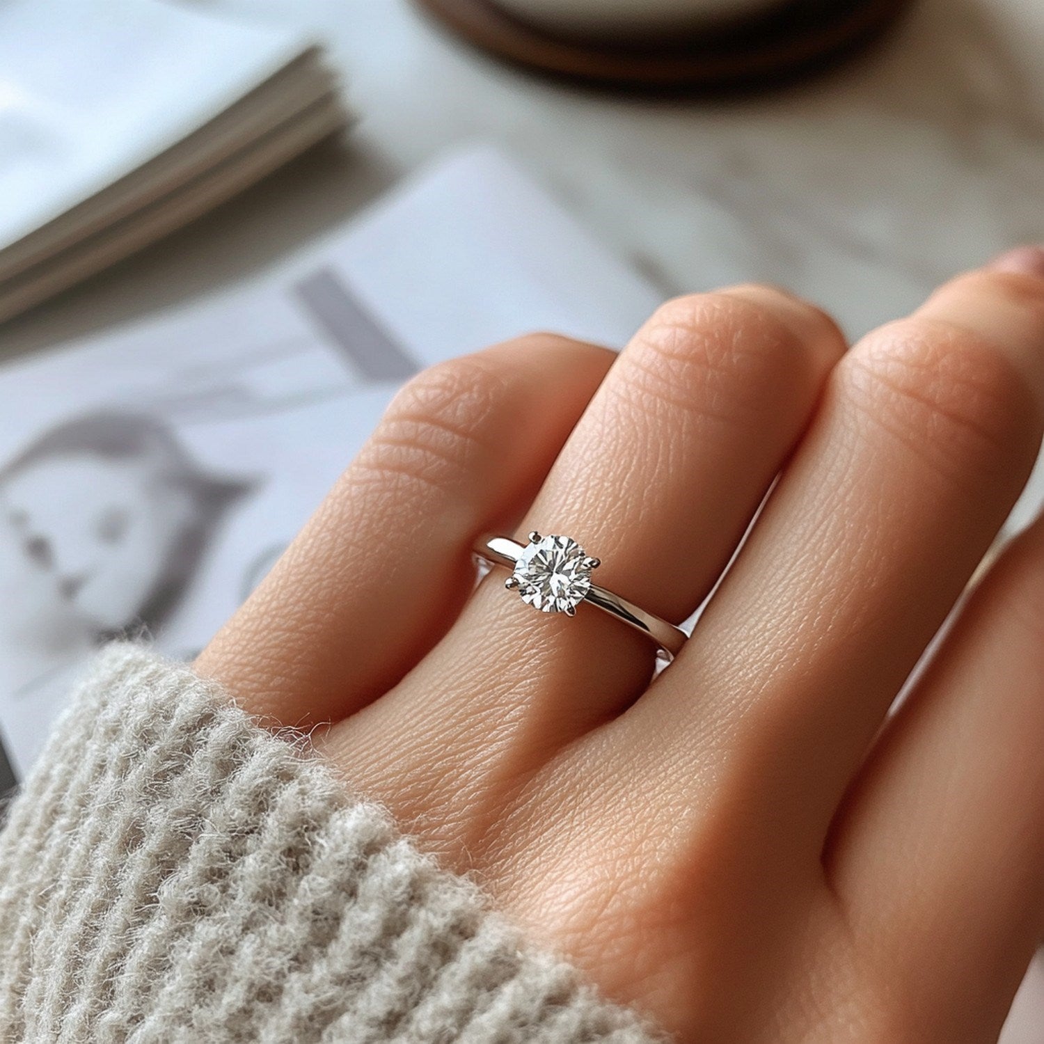 A hand wears a 3/4 carat round lab grown diamond solitaire ring in 10K white gold.