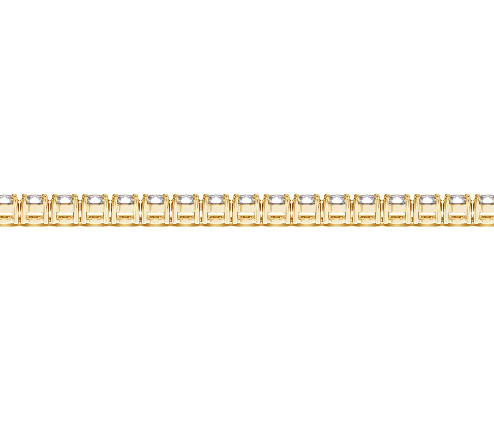 A yellow gold tennis bracelet featuring a continuous line of round, brilliant-cut diamonds.