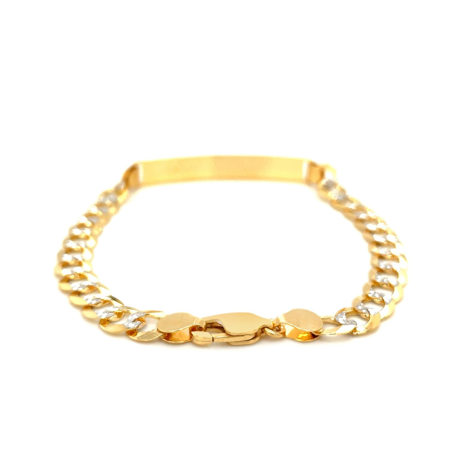 14k two-tone gold men's narrow curb chain ID bracelet with white pave texture.