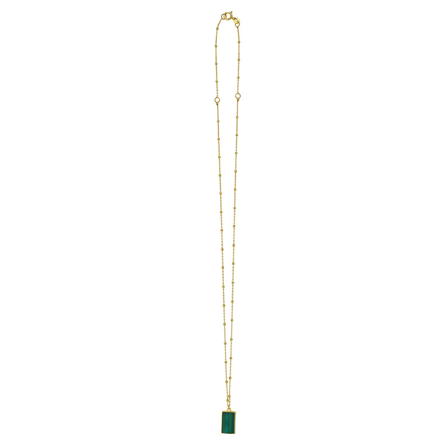A 14K yellow gold beaded chain necklace with a rectangular malachite pendant.